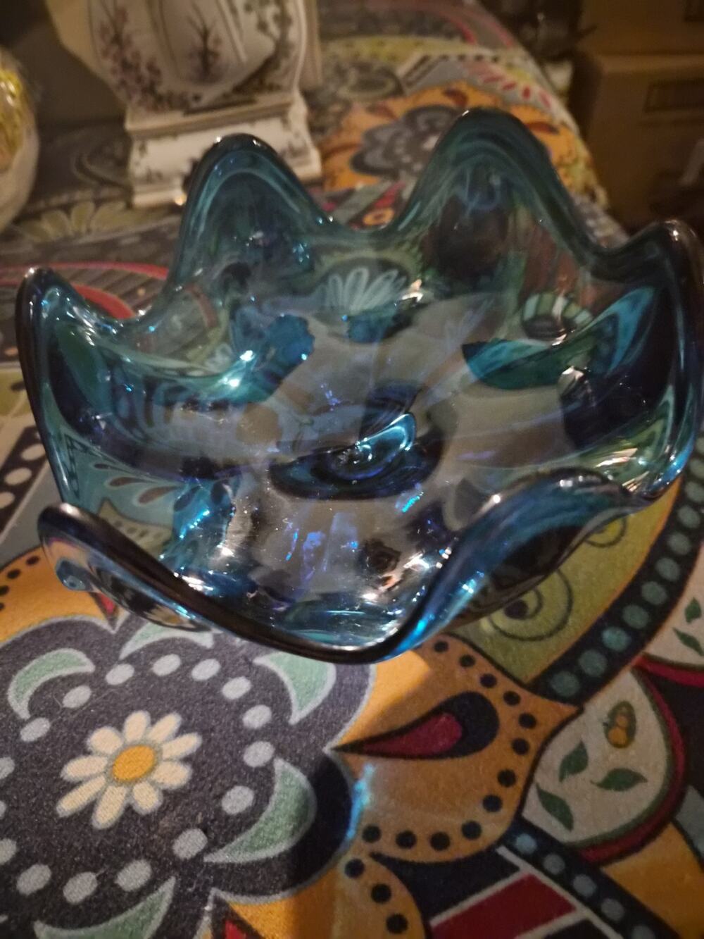 Vintage Viking Glass Blueique Blue Epic 6 Petal Compote Pedestal Bowl 6.5...